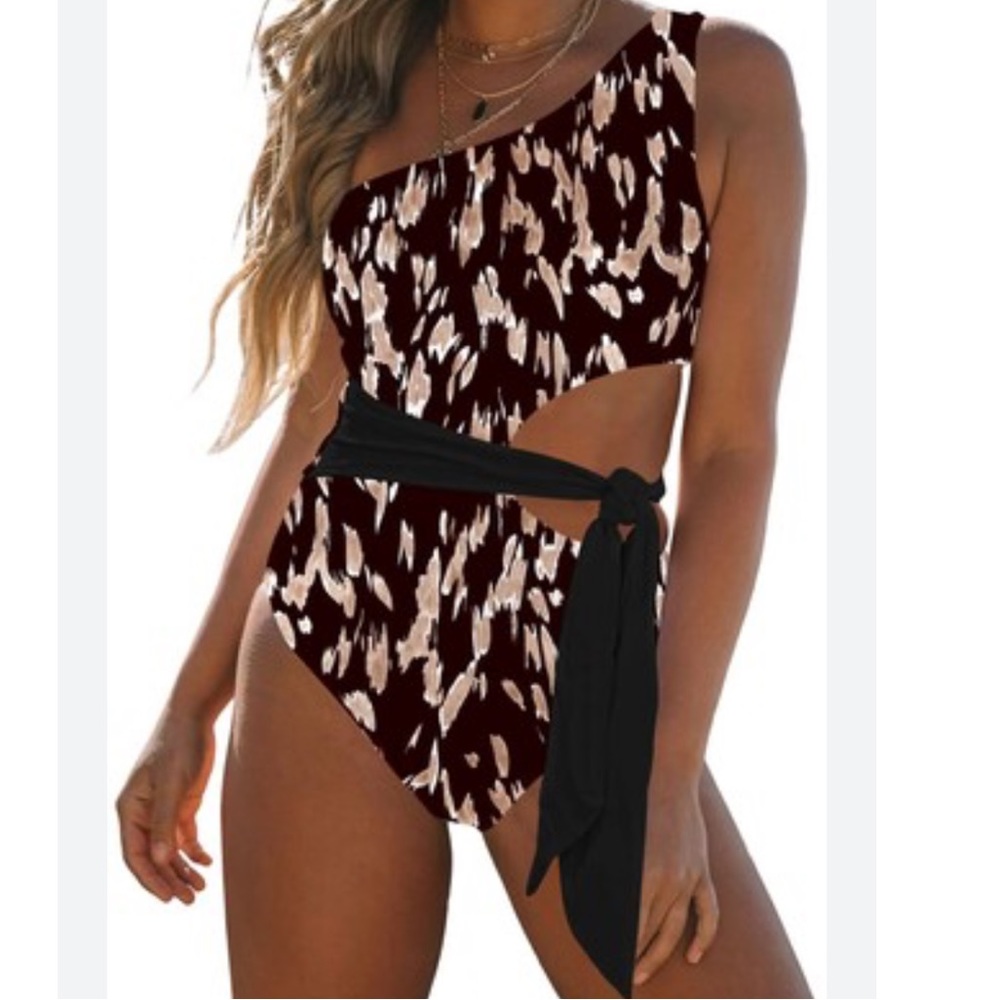 One Shoulder Swimsuits Tie Waist Cutout One Piece Small